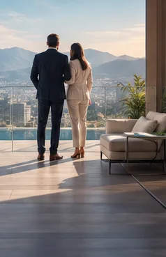 Pareja contemplando las vistas desde una terraza
